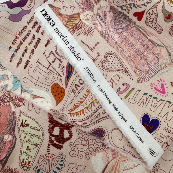 Selvage of Longer Than Eternity cotton fabric in tan by Nora featuring a love-themed Victorian skeleton print on quilt-weight cotton