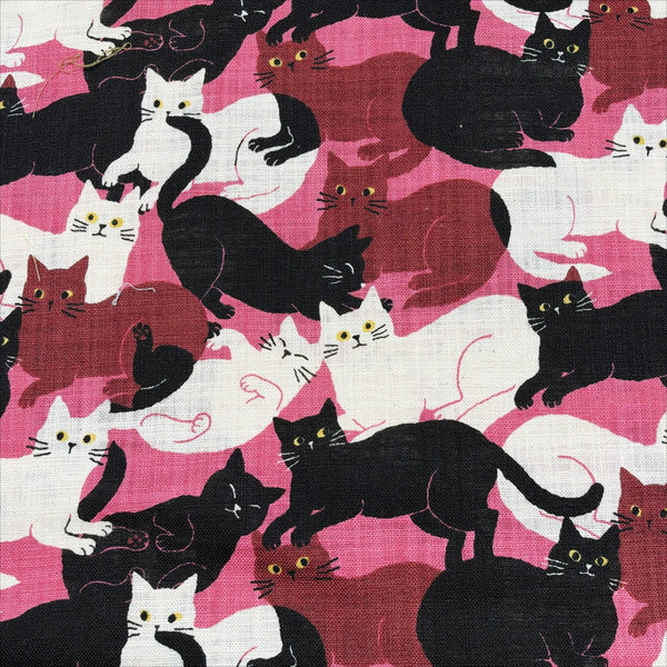 Lounge Cats textured cotton fabric by Sevenberry in pink, white, and black