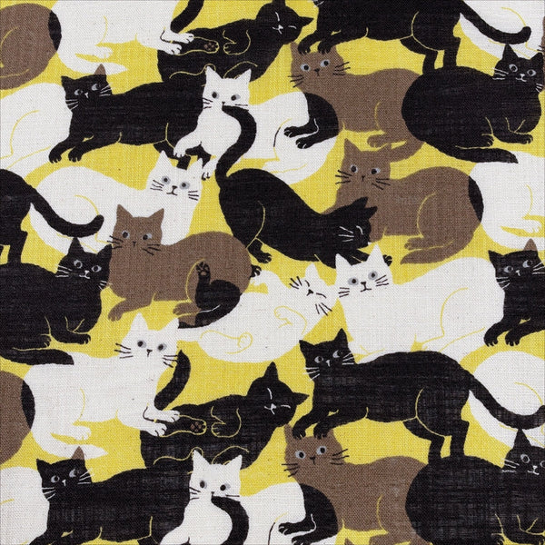 Lounge Cats textured cotton fabric by Sevenberry in yellow, white, and black