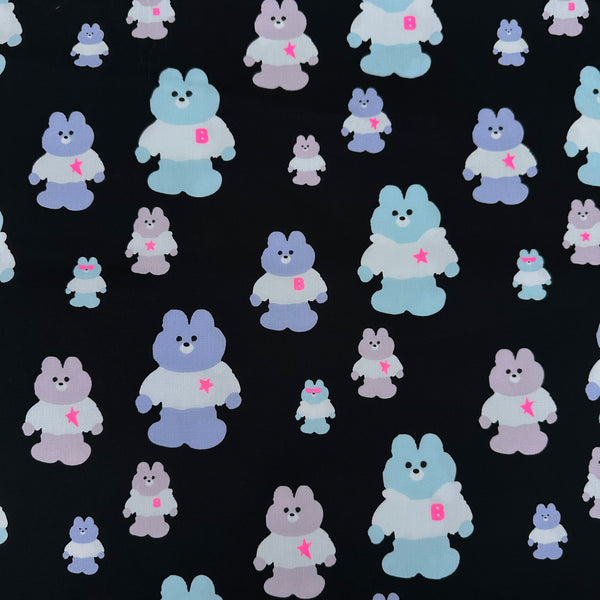 Mellow Friends Kuma Cotton Oxford Fabric in Black and Neon Pink featuring cute bears in shirts and hoodies with neon accents, imported from Japan.