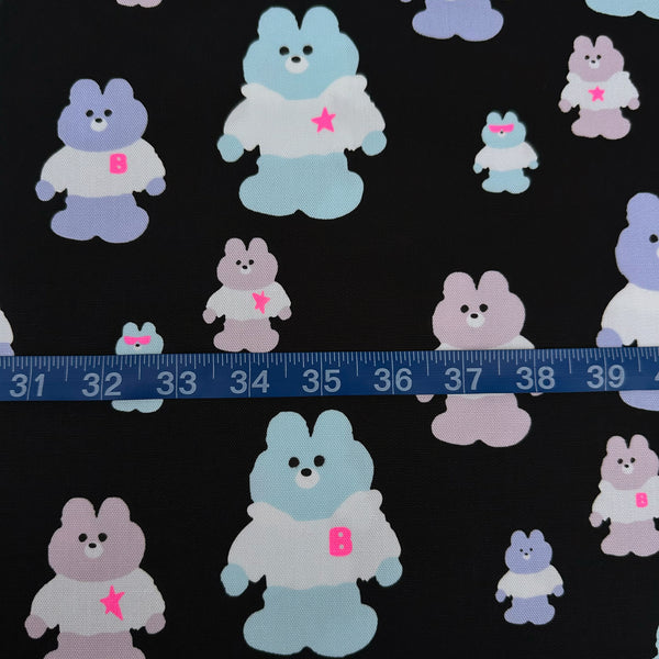 Scale of Mellow Friends Kuma Cotton Oxford Fabric in Black and Neon Pink featuring cute bears in shirts and hoodies with neon accents, imported from Japan.