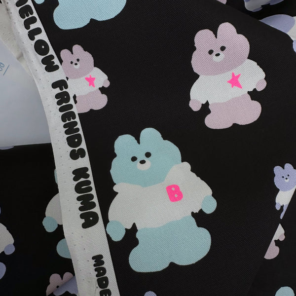 Selvage of Mellow Friends Kuma Cotton Oxford Fabric in Black and Neon Pink featuring cute bears in shirts and hoodies with neon accents, imported from Japan.