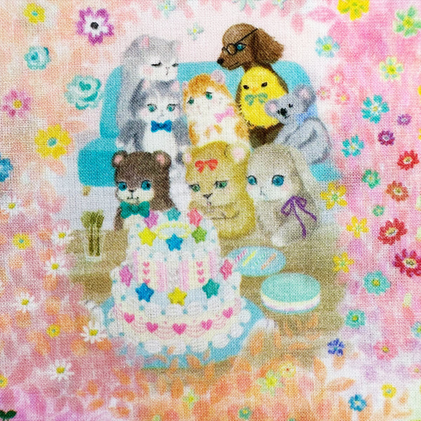 Cake Scene from Melsheen cotton lawn fabric by Yukiemon for Hokkoh featuring adorable animal birthday scenes, imported from Japan