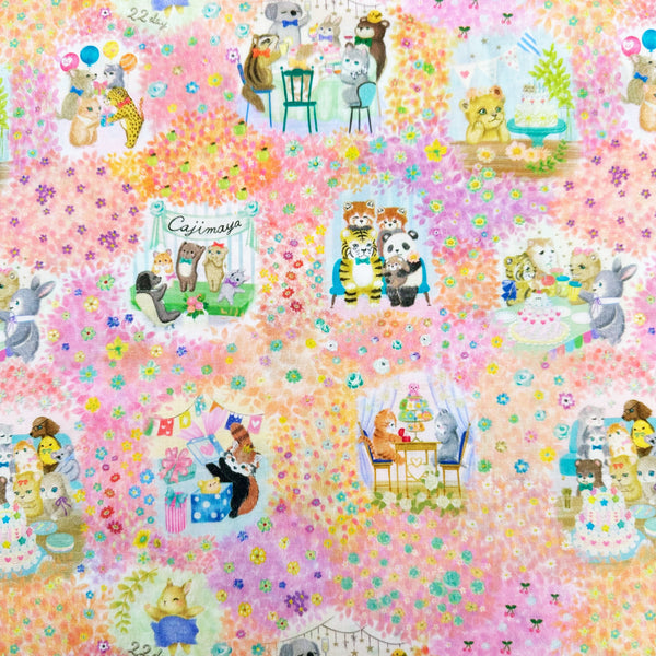 Melsheen cotton lawn fabric by Yukiemon for Hokkoh featuring adorable animal birthday scenes, imported from Japan