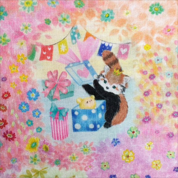Present scene from Melsheen cotton lawn fabric by Yukiemon for Hokkoh featuring adorable animal birthday scenes, imported from Japan