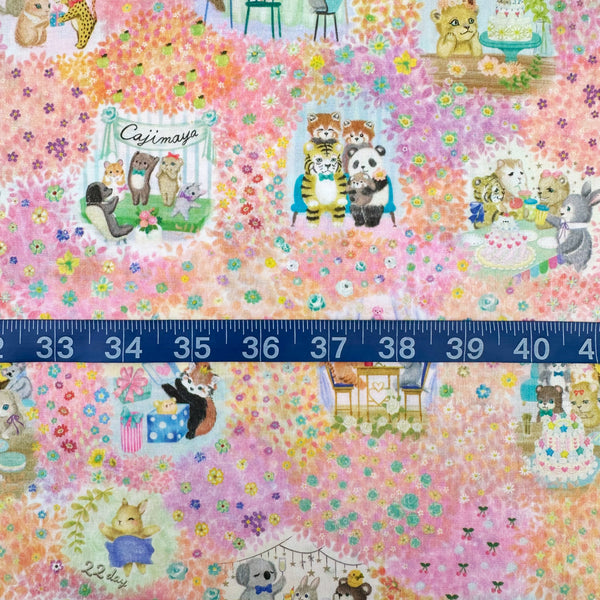 Scale of Melsheen cotton lawn fabric by Yukiemon for Hokkoh featuring adorable animal birthday scenes, imported from Japan