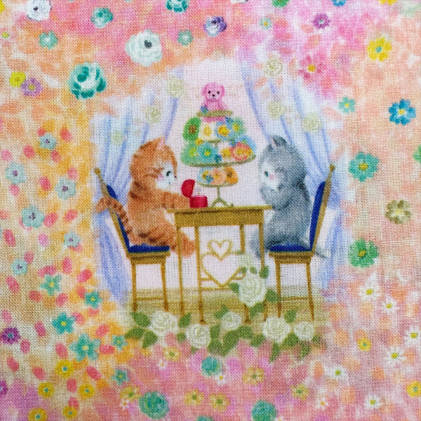 Table scene from Melsheen cotton lawn fabric by Yukiemon for Hokkoh featuring adorable animal birthday scenes, imported from Japan