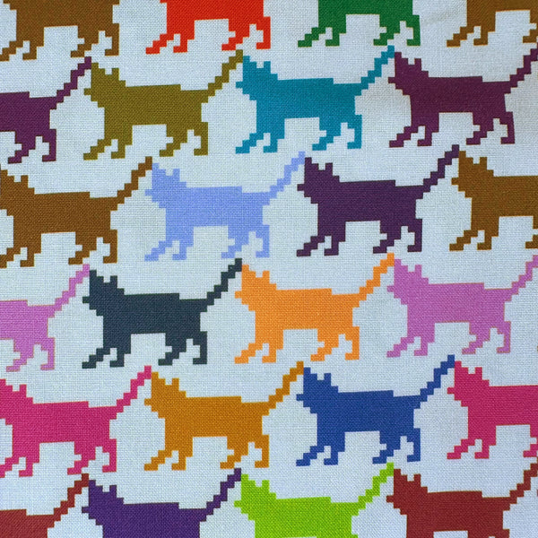 Close up of Meow Dot cotton fabric by Nora featuring a repeating pattern of multicolored pixelated cat silhouettes on a gray background, imported from Japan