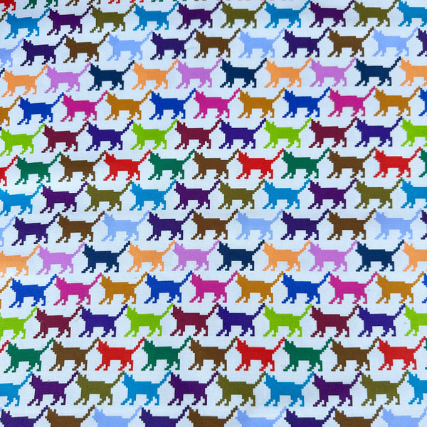 Meow Dot cotton fabric by Nora featuring a repeating pattern of multicolored pixelated cat silhouettes on a gray background, imported from Japan