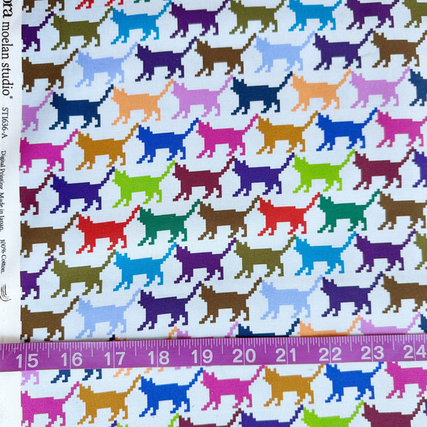 Scale of Meow Dot cotton fabric by Nora featuring a repeating pattern of multicolored pixelated cat silhouettes on a gray background, imported from Japan