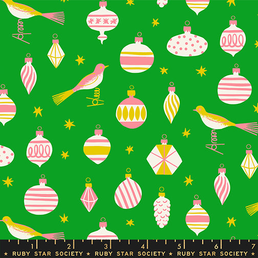 Scale of Merry Happy Baubles cotton fabric in Verdant by Kimberly Knight for Ruby Star Society featuring retro-style Christmas ornaments