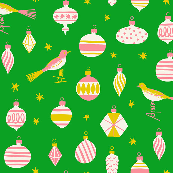 Merry Happy Baubles cotton fabric in Verdant by Kimberly Knight for Ruby Star Society featuring retro-style Christmas ornaments
