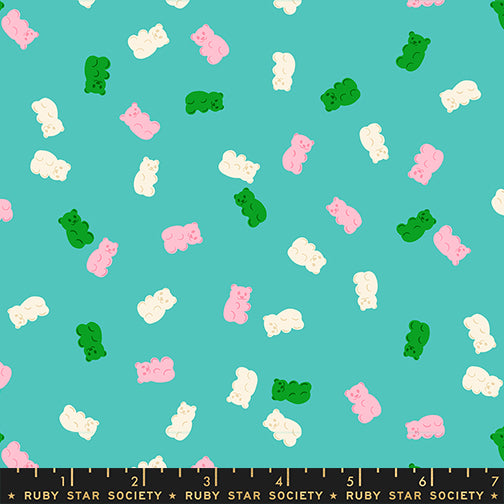 Scale of Merry Happy Gummies cotton fabric in Iceberg by Kimberly Knight for Ruby Star Society featuring a colorful gummy bear candy print