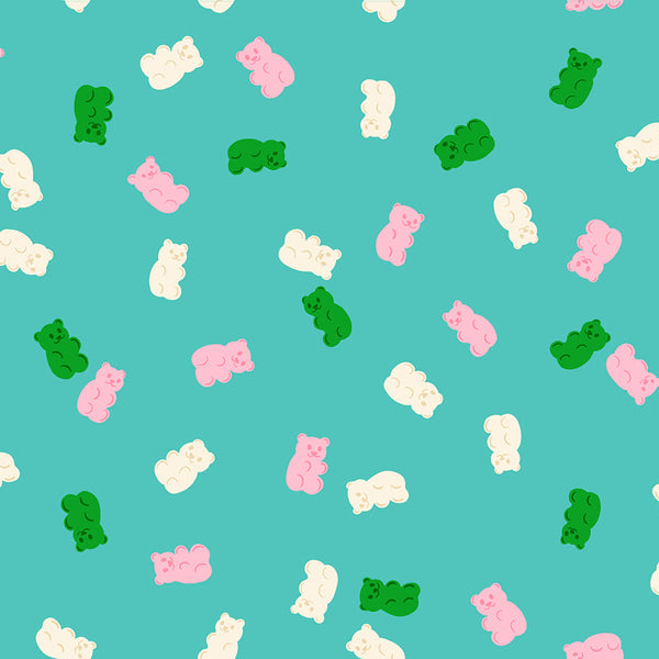 Merry Happy Gummies cotton fabric in Iceberg by Kimberly Knight for Ruby Star Society featuring a colorful gummy bear candy print