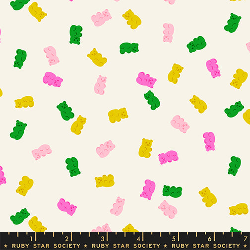 Scale of Merry Happy Gummies cotton fabric in Natural by Kimberly Knight for Ruby Star Society featuring a colorful gummy bear candy print