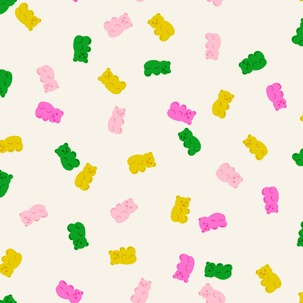 Merry Happy Gummies cotton fabric in Natural by Kimberly Knight for Ruby Star Society featuring a colorful gummy bear candy print