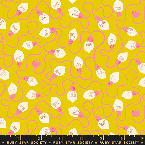 Scale of Merry Happy High Strung cotton fabric in Metal Golden Hour by Kimberly Knight for Ruby Star Society featuring colorful retro Christmas light strings