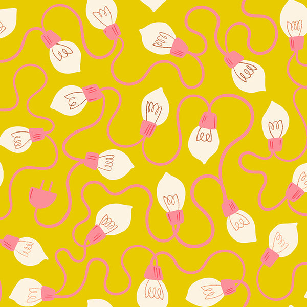 Merry Happy High Strung cotton fabric in Metal Golden Hour by Kimberly Knight for Ruby Star Society featuring colorful retro Christmas light strings