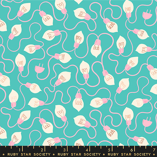 Scale of Merry Happy High Strung cotton fabric in Metallic Iceberg by Kimberly Knight for Ruby Star Society featuring colorful retro Christmas light strings