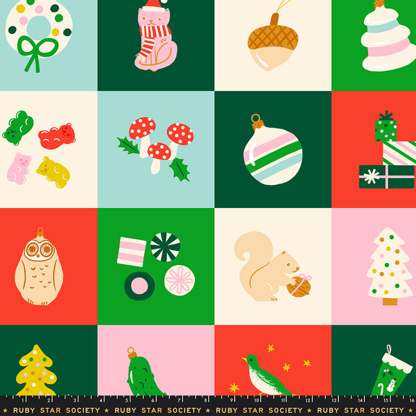 Scale of Merry Happy fabric panel in Lollipop by Kimberly Kight for Ruby Star Society featuring festive holiday-themed illustrations