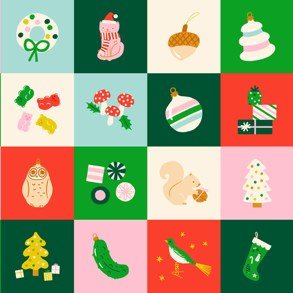 Merry Happy fabric panel in Lollipop by Kimberly Knight for Ruby Star Society featuring festive holiday-themed illustrations