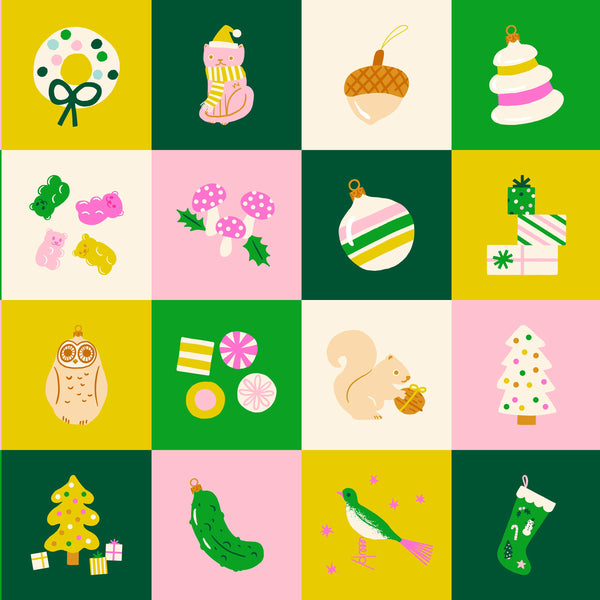 Merry Happy fabric panel in Verdant by Kimberly Knight for Ruby Star Society featuring festive holiday-themed illustrations