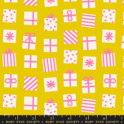 Scale of Merry Happy Secret Santa cotton fabric in Happy Hour by Kimberly Knight for Ruby Star Society featuring colorful wrapped Christmas gifts