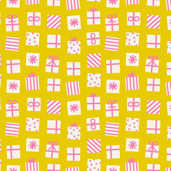 Merry Happy Secret Santa cotton fabric in Happy Hour by Kimberly Knight for Ruby Star Society featuring colorful wrapped Christmas gifts