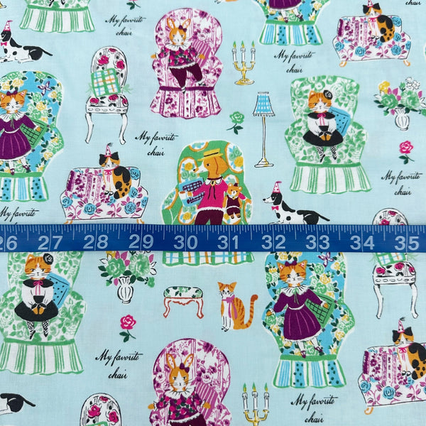 Scale of My Favorite Chair Cotton fabric by Yuwa Fabrics, style SK829978, in aqua