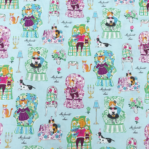 My Favorite Chair Cotton fabric by Yuwa Fabrics, style SK829978, in aqua