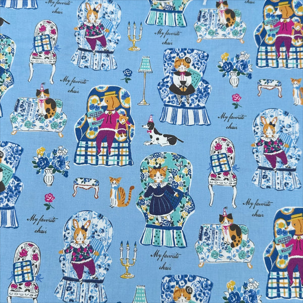 My Favorite Chair Cotton fabric by Yuwa Fabrics, style SK829978-B, in blue