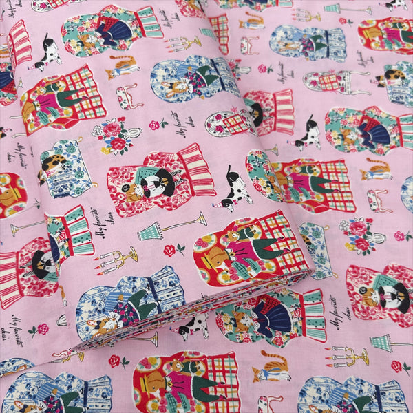 Bolt of My Favorite Chair Cotton fabric by Yuwa Fabrics, style SK829978-B, in pink 
