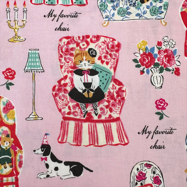 Close up of My Favorite Chair Cotton fabric by Yuwa Fabrics, style SK829978-B, in pink