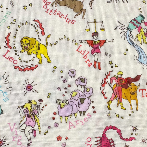 Close up of My Star Sign Cotton Fabric in Natural by Nora – quilt-weight cotton featuring illustrated zodiac-themed designs