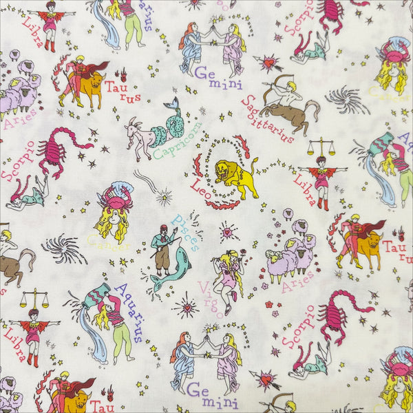 My Star Sign Cotton Fabric in Natural by Nora – quilt-weight cotton featuring illustrated zodiac-themed designs