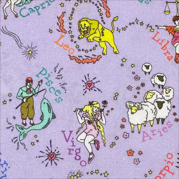 Close up of My Star Sign Cotton Fabric in Purple by Nora – quilt-weight cotton featuring illustrated zodiac-themed designs