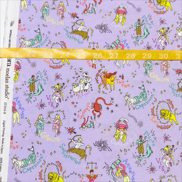 Scale of My Star Sign Cotton Fabric in Purple by Nora – quilt-weight cotton featuring illustrated zodiac-themed designs