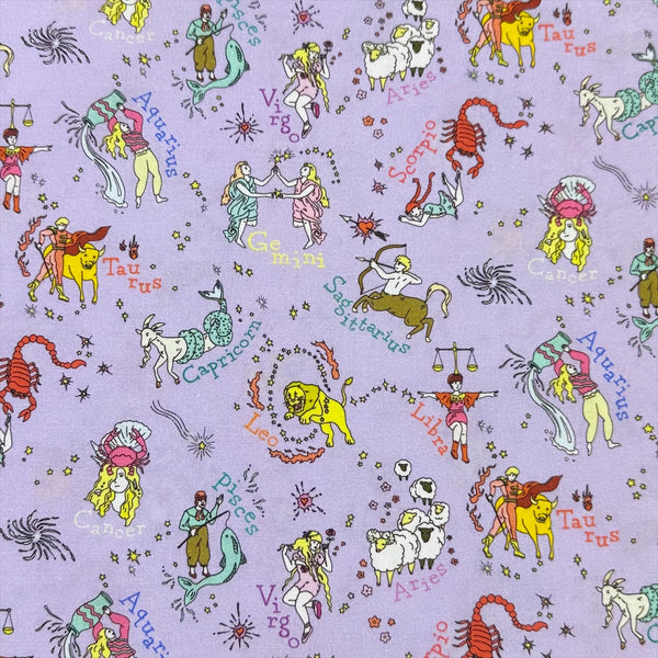 My Star Sign Cotton Fabric in Purple by Nora – quilt-weight cotton featuring illustrated zodiac-themed designs