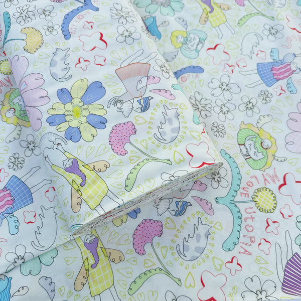 Bolt of My Love Utopia cotton fabric in natural by Nora featuring a whimsical illustration of girls, cats, and flowers