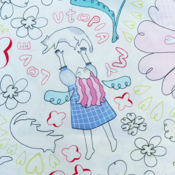 Close up of My Love Utopia cotton fabric in natural by Nora featuring a whimsical illustration of girls, cats, and flowers