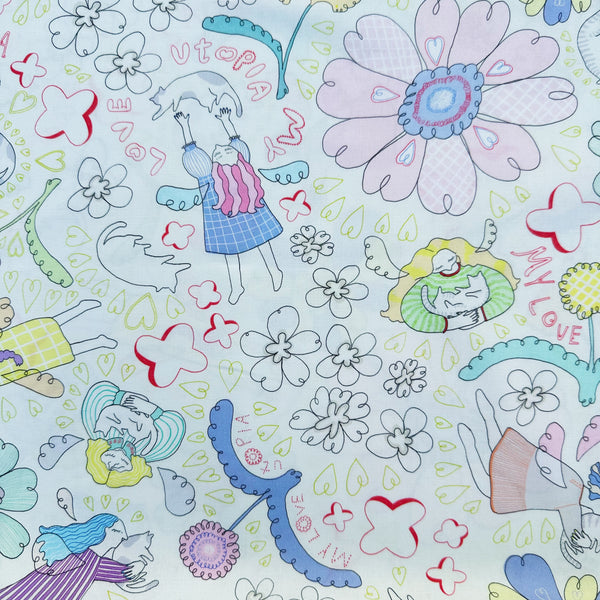 My Love Utopia cotton fabric in natural by Nora featuring a whimsical illustration of girls, cats, and flowers