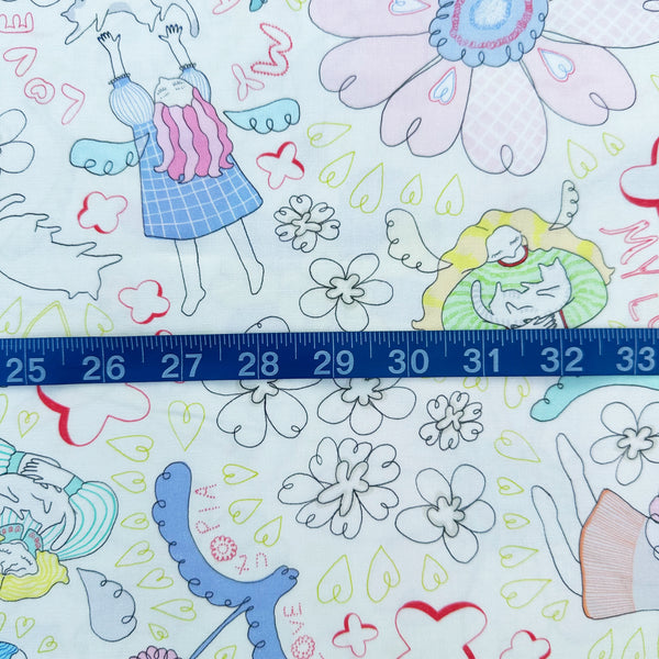 Scale of My Love Utopia cotton fabric in natural by Nora featuring a whimsical illustration of girls, cats, and flowers
