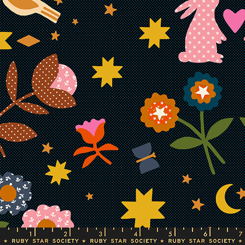 Scale of Mystic Fable Applique fabric in Black by Alexia Abegg for Ruby Star Society, 100% cotton with animal and floral appliqué-style print