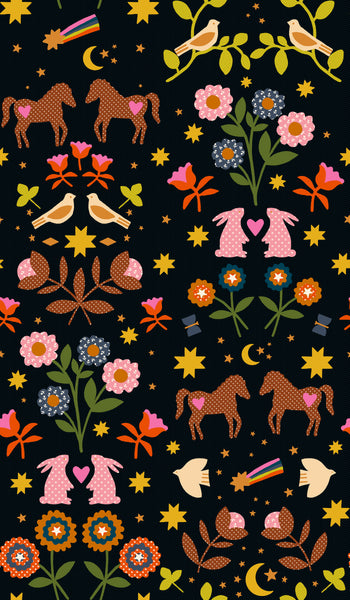 Mystic Fable Applique fabric in Black by Alexia Abegg for Ruby Star Society, 100% cotton with animal and floral appliqué-style print