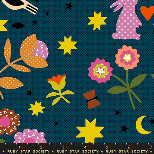 Scale of Mystic Fable Applique fabric in Galaxy by Alexia Abegg for Ruby Star Society, 100% cotton with animal and floral appliqué-style print