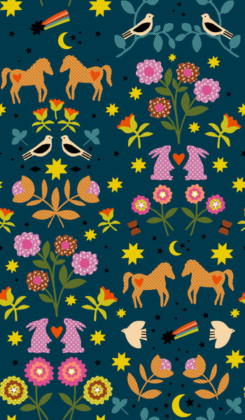 Mystic Fable Applique fabric in Galaxy by Alexia Abegg for Ruby Star Society, 100% cotton with animal and floral appliqué-style print