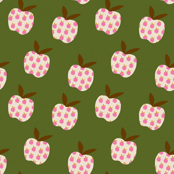 Mystic Fable Big Apple Canvas in Neon Pink cotton linen fabric by Alexia Abegg for Ruby Star Society featuring retro apple print