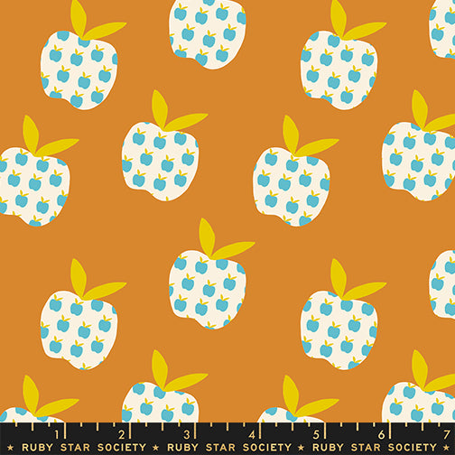 Scale of Mystic Fable Big Apple cotton fabric in Caramel by Alexia Abegg for Ruby Star Society, 100% cotton, retro apple print