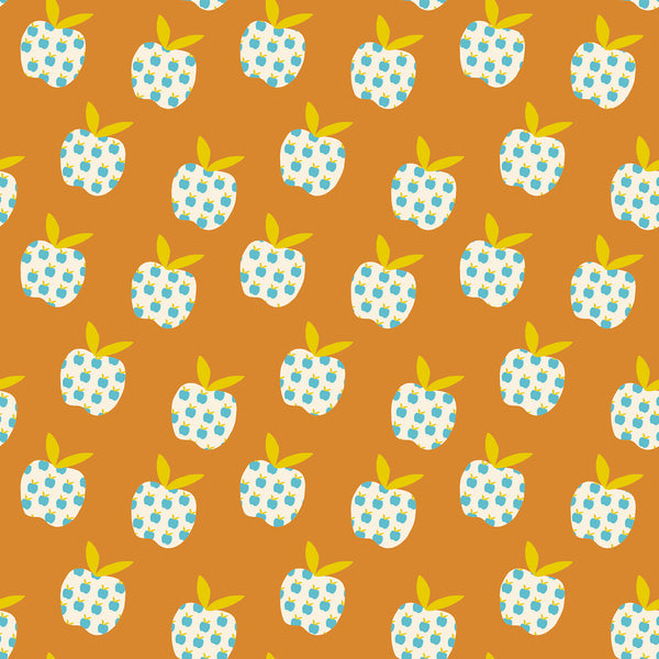 Mystic Fable Big Apple cotton fabric in Caramel by Alexia Abegg for Ruby Star Society, 100% cotton, retro apple print