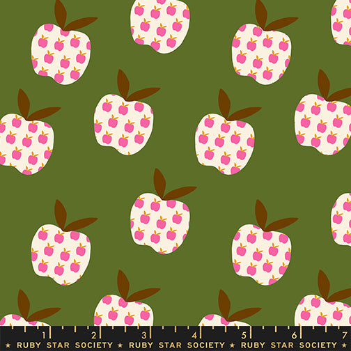 Scale of Mystic Fable Big Apple cotton fabric in Neon Pink by Alexia Abegg for Ruby Star Society, 100% cotton, retro apple print
